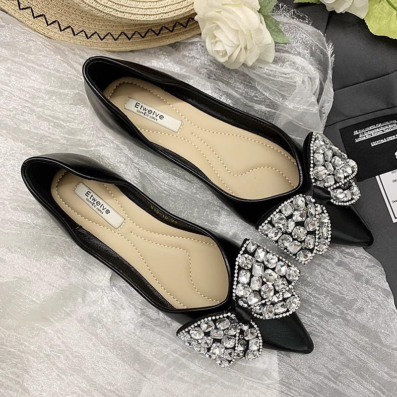 Fashion Flat Shoes for Women 2025 Spring and Autumn Black Pointed New Diamond Butterfly Bow Shallow Plus Size Women's Shoes 42 43 44