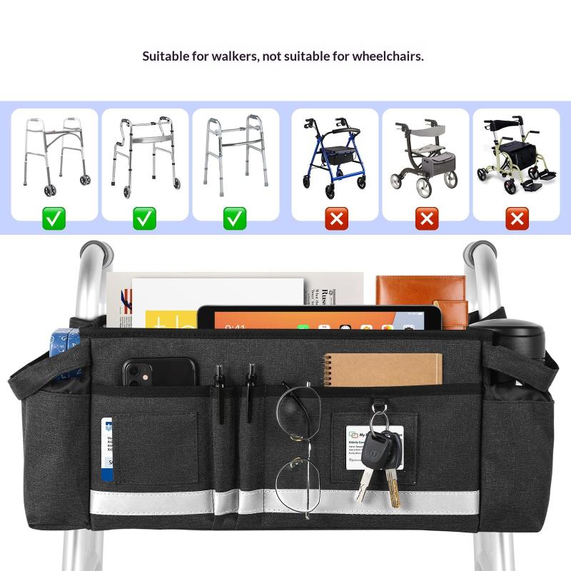 Mobility Walker Tote Bag with Large Storage Folding Design Cup Holder Organizer for Elderly Assistance