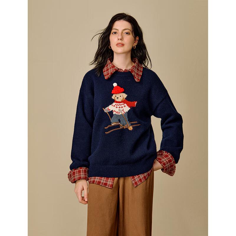 INMAN Women's 2025 Winter Teddy Bear 3D Knit Pullover Sweater
