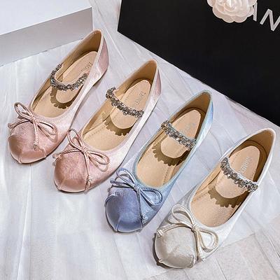 Fashion Elastic Rhinestone Band Mary Janes Woman Bowtie Silk Ballets Shoes Ladies Round Toe Flats Female Loafers Wedding Brides Shoes
