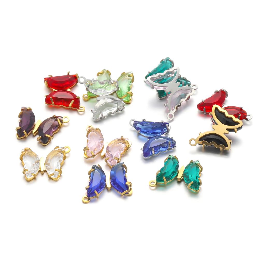 5pcs Stainless Steel Transparent Crystal Glass Butterfly Charms for DIY Jewelry Exquisite Necklace Findings Earrings Making