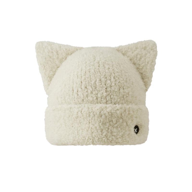 

Милая вязаная шапка с кошачьими ушками для женщин - теплый пуловер для защиты ушей от холода на осень/зиму One Size грязно-белый