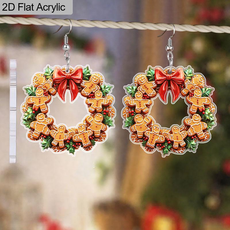 2D Flat Christmas Gingerbread Bell Wreath Dangle Earrings, Lightweight Acrylic Material,  Ideal for Party Gifts, Jewelry, and Christmas Gifts.