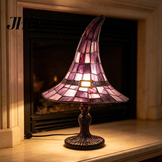 Bedside Atmosphere Lamp Stained Glass Witch Hat Lamp, USB Powered Resin Night Light, Gothic Warm Ambient Lighting Halloween Table for Bedroom