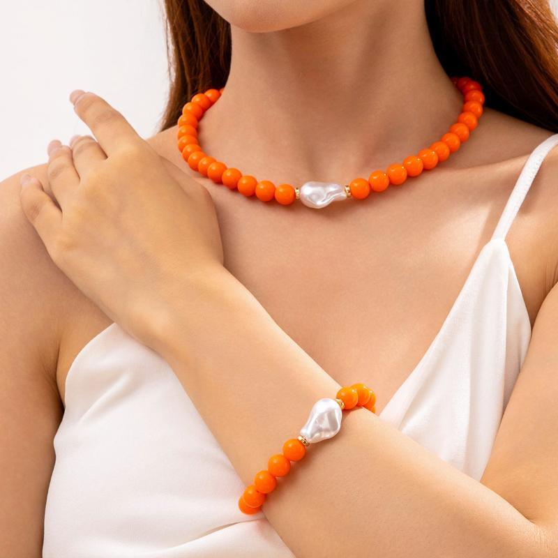 Boho Beaded Jewelry Set Irregular Imitation Pearl Charm Necklace Bracelet for Summer Beach Vacation Accessory