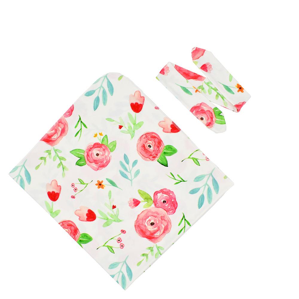 

2PCS Boy Girl Flower Sleeping Swaddle with Rabbit Ear Knot Hairband for Newborn Peach flower 77*85cm#1