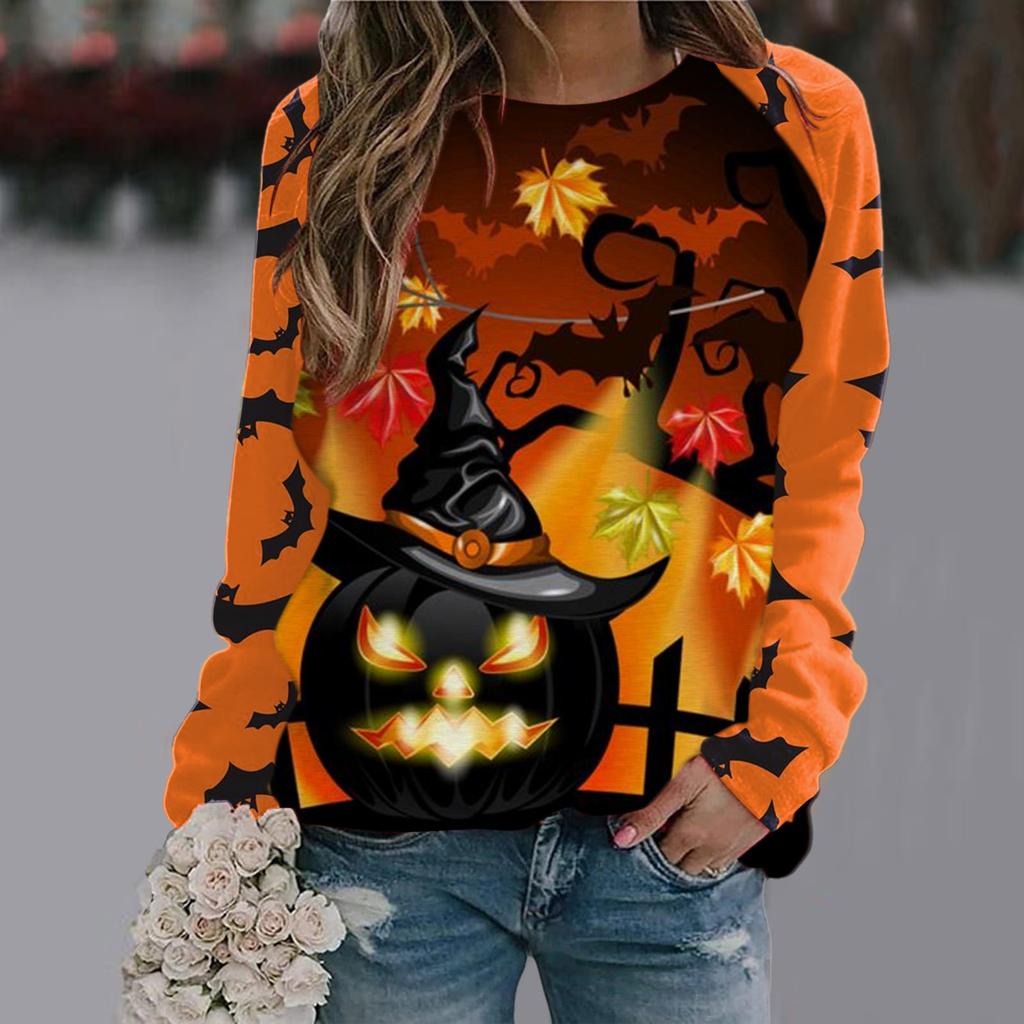 Spring and Autumn Round Neck Halloween 3D Printed Top Fashionable Casual Long Sleeved Women's T-shirts