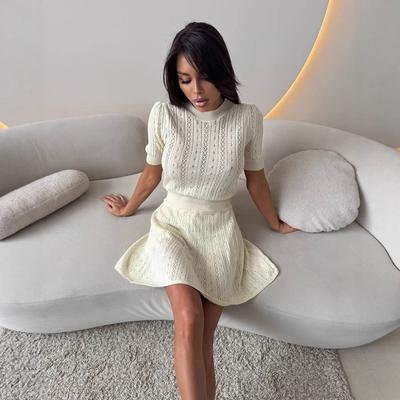 Women Pointelle Knit 2 Piece Skirt Set Mock Neck Puff Short Sleeve Top High Waist Mini Skirt Solid Color Outfit