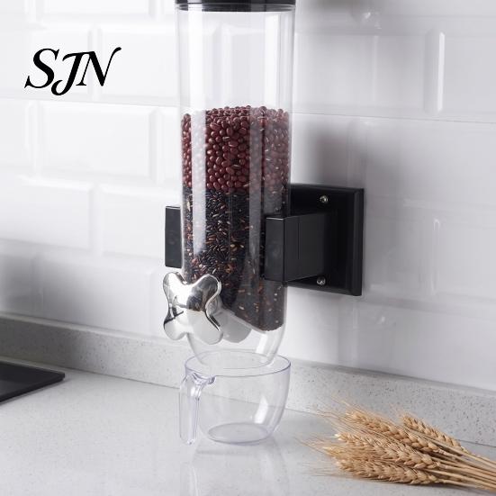 Plastic Food Storage Bin Wall Mounted Dry Dispenser, Space Saving Container with Measuring Kitchen Organization Accessories Cup, Clear Airtight