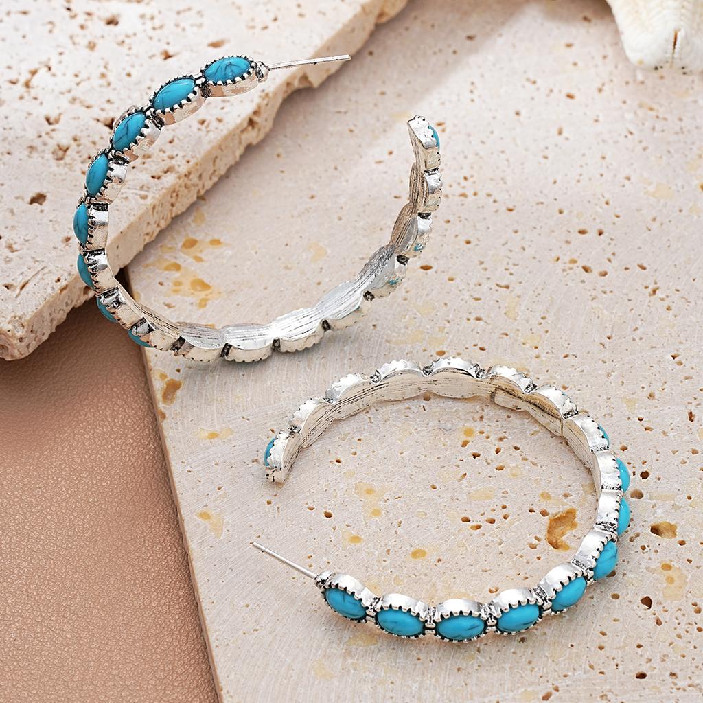 Bohemia Turquoises Earrings Silver Color Round Hoop Earrings for Women Vintage Female Party Earring Fashion Jewelry Accessories