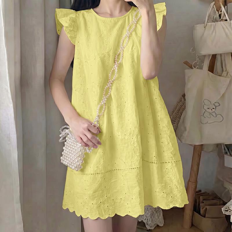 ZANZEA Women Casual Round Neck Short Sleeve Hollow Crochet Loose Dress M