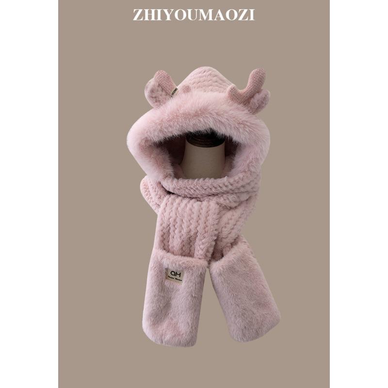 Niedliche, flauschige Wintermütze mit Geweihmotiv für Damen mit Kälteschutz, warmem Ohrenschutz, doppelt dickem Schal und integrierten Handschuhen. One size
