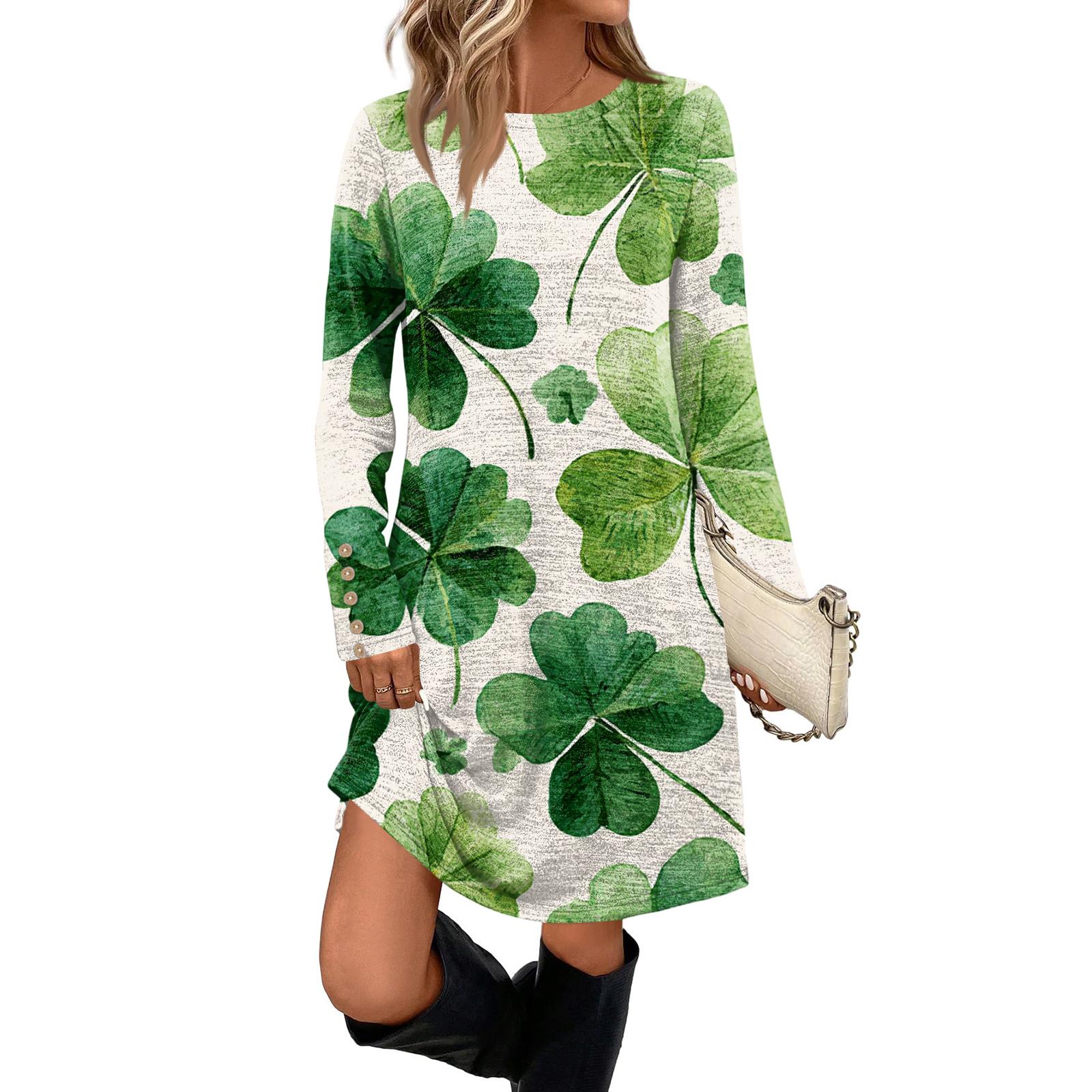

Женский модный с круглым вырезом длинный рукав St. Повседневное платье с принтом ко Дню Святого Патрика, с карманом и пуговицами XL белый