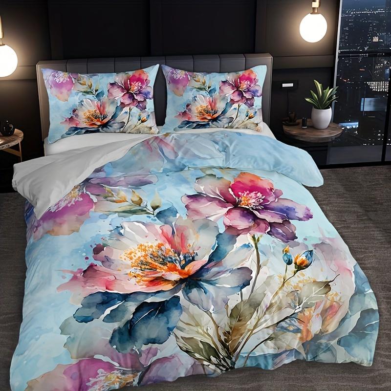 Aquarell Blumenmuster Waschbares Mikrofaser Bettwäscheset Weiche Bequeme Bettbezug für Schlafzimmer Gästezimmer