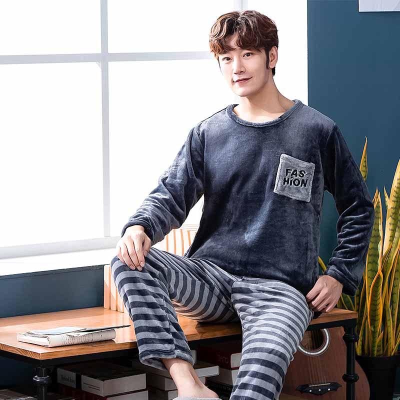 Winter Warm Flannel Boy Sleepwear Thermal Velvet Cartoon Plaid Men's Pajama Sets Casual Pjs Male Loungewear Pyjamas Nightwear