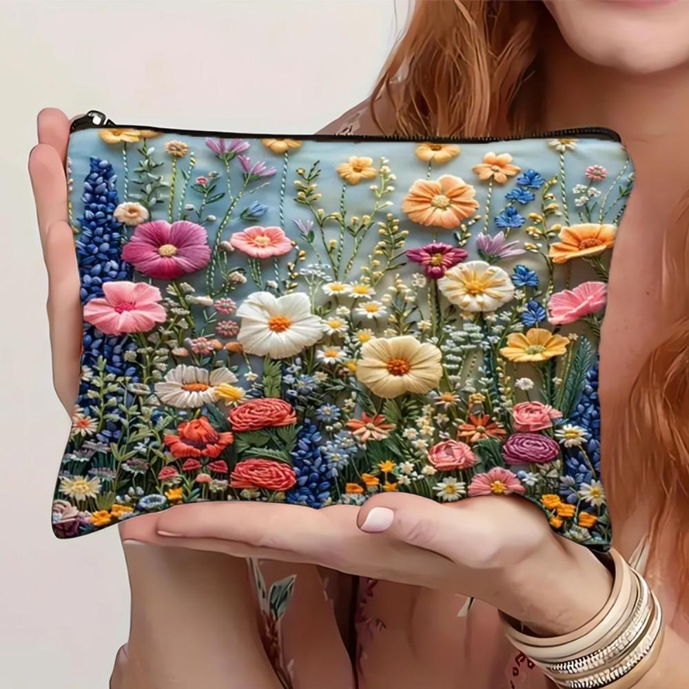 Lightweight Portable Women Makeup Pouch Large Capacity Double-sided Printed Handbag Floral Cosmetic Storage Bag
