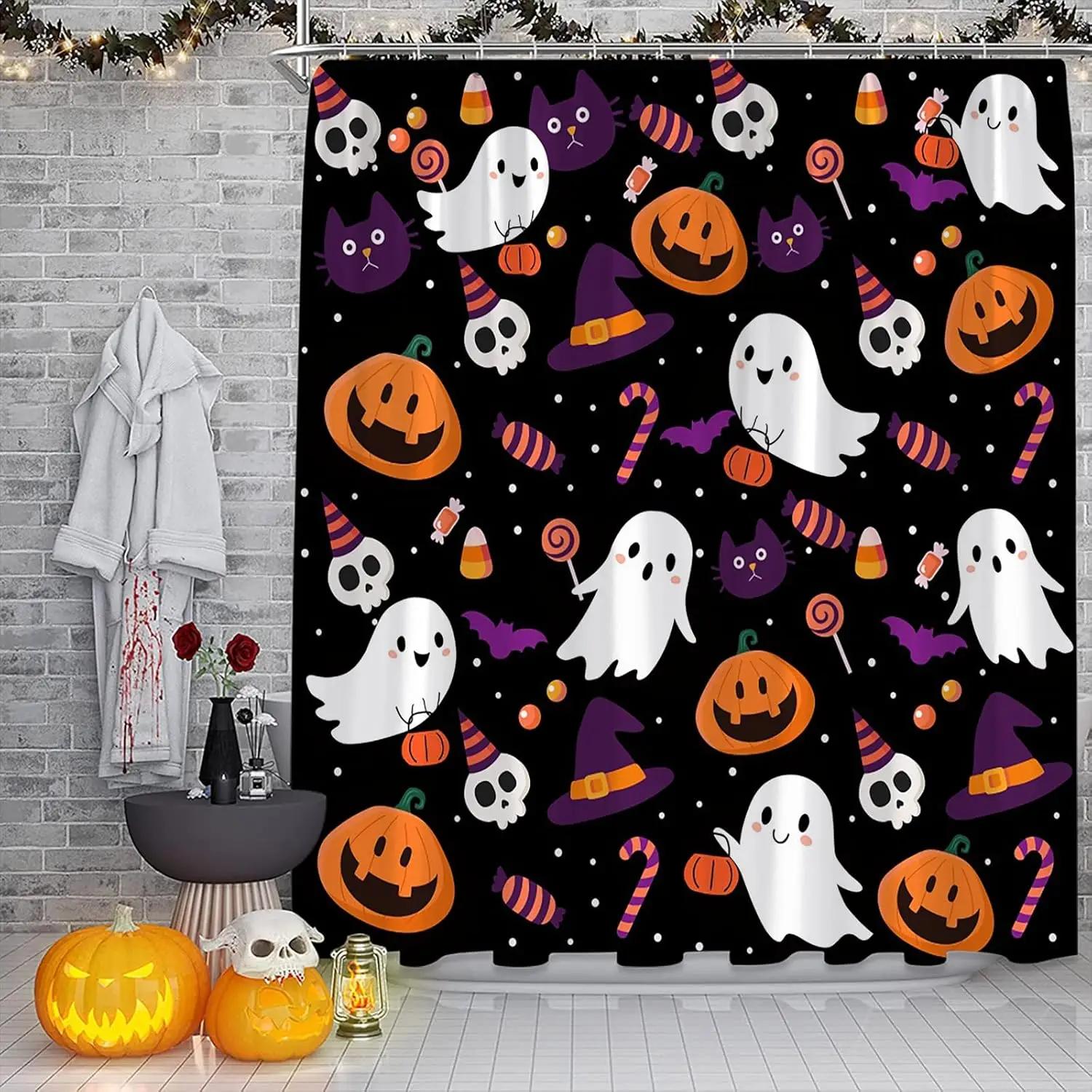 

Halloween Shower Curtain Cute Ghost Pumpkins Cartoon Spooky Skull Gothic Fabric Decorative Bathroom Curtains With Hooks,Teal W60H190(CM)-1 Pcs
