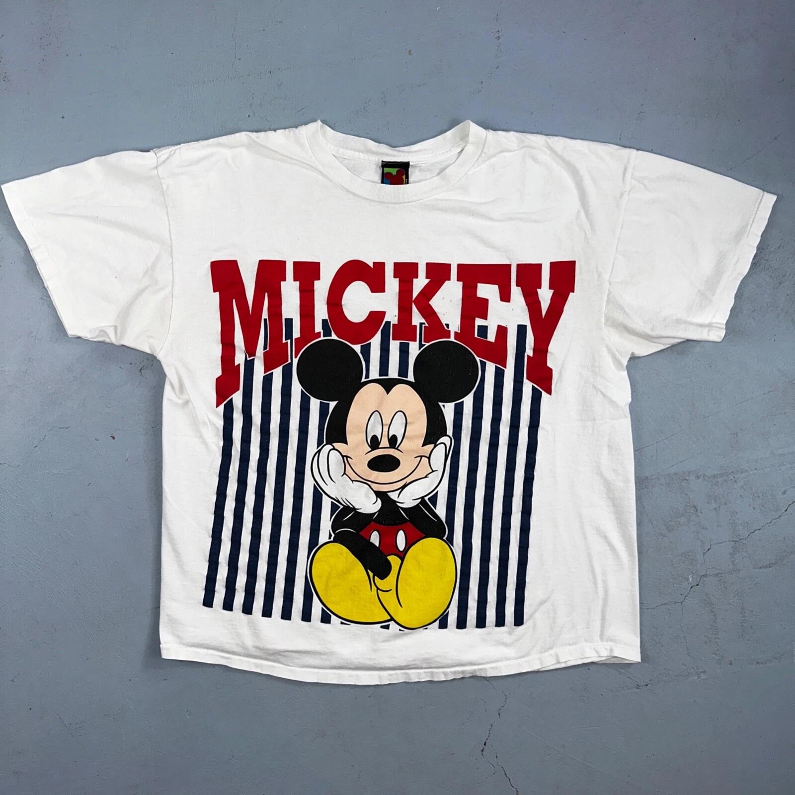 Disney Mickey Mouse Single Stitch Striped VTG T Shirt White 90s Happy Cute 4XL