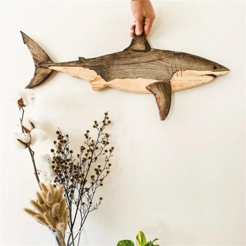 Holz-Meeresfisch-Figur Handgeschnitzt Rustikale Segelskulptur Wandbehang Dekoration für Häuser mit Strandthema