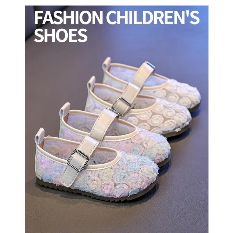 Toddler Girls Lace Floral Mary Jane Flats, Breathable Mesh Princess Shoes with Buckle Strap