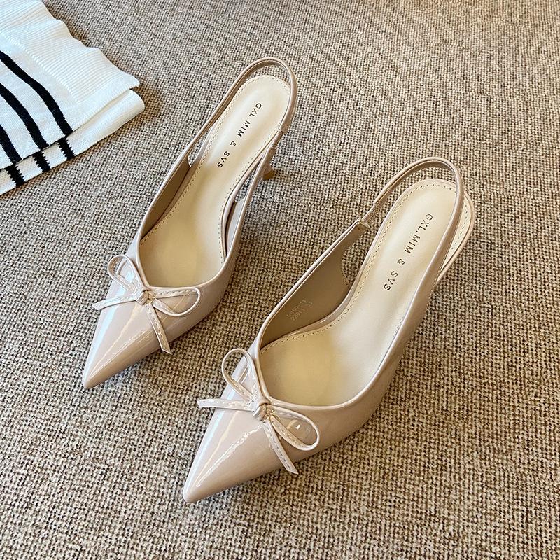 

G860-14 pointed patent leather shallow mouth bag head sandals women s 2025 new summer bow empty stiletto shoes 39 розовый