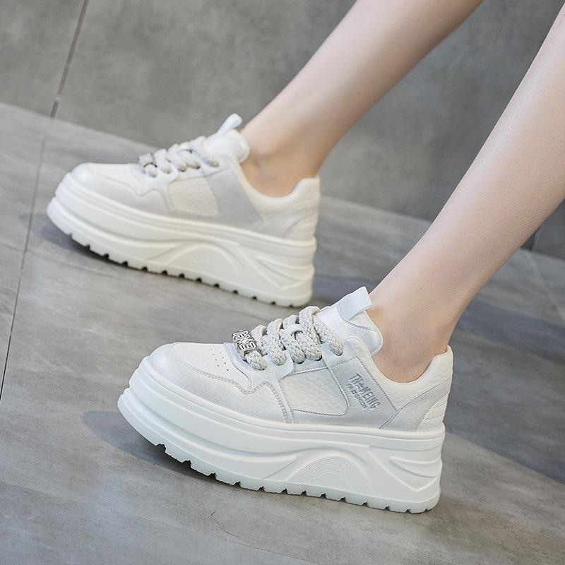 2025 Spring and Autumn New Korean Version of Thick-soled Heightening White Shoes Women's Leather Lace-up Showing Feet Small Casual Versatile Muffin