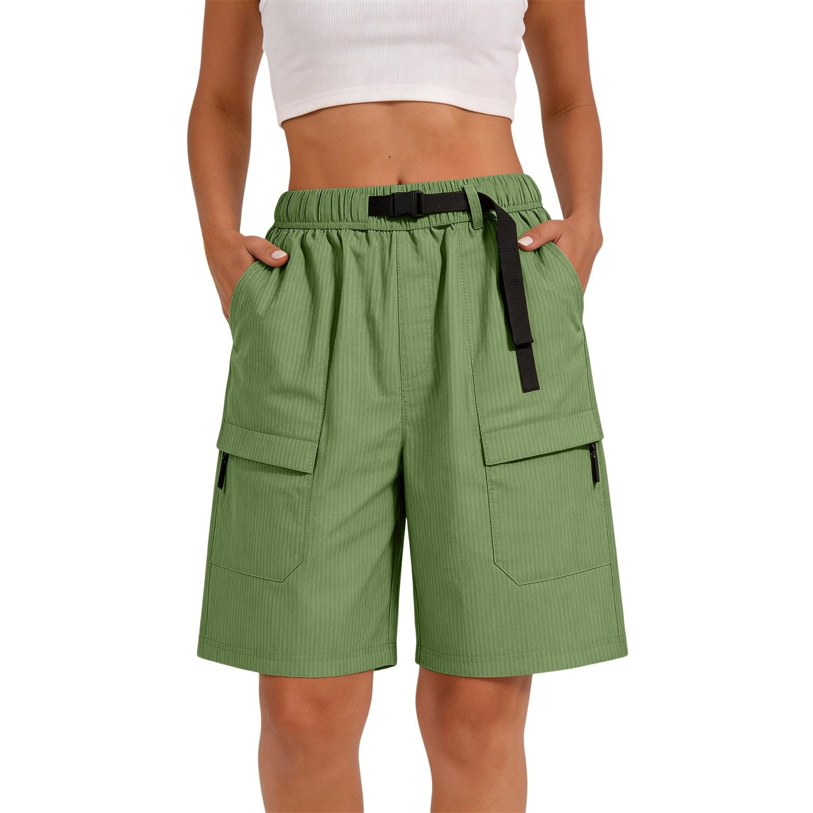 

Women Loose Fit Straight Leg Multi Pocket Cargo Shorts with Adjustable Waist Belt Casual Outdoor Summer Bottoms M