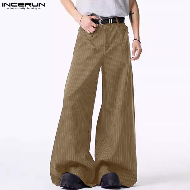 INCERUN Men Casual Zipper Waist Striped Wide Legs Pants Long Trousers