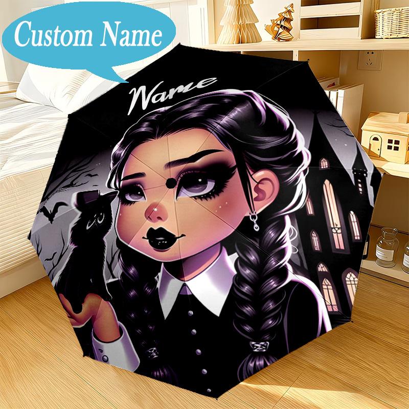 Custom Name Gothic Addams Umbrella Folding Umbrella, Automatic Umbrella 8-Frame for Travel, Casual Lightweight Birthday Christmas gift