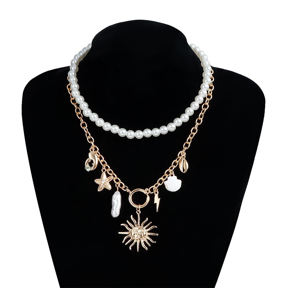 Holiday Travel Starfish Pendant Necklace Alloy Beads Shell Necklace Layered Choker Chain  for Women