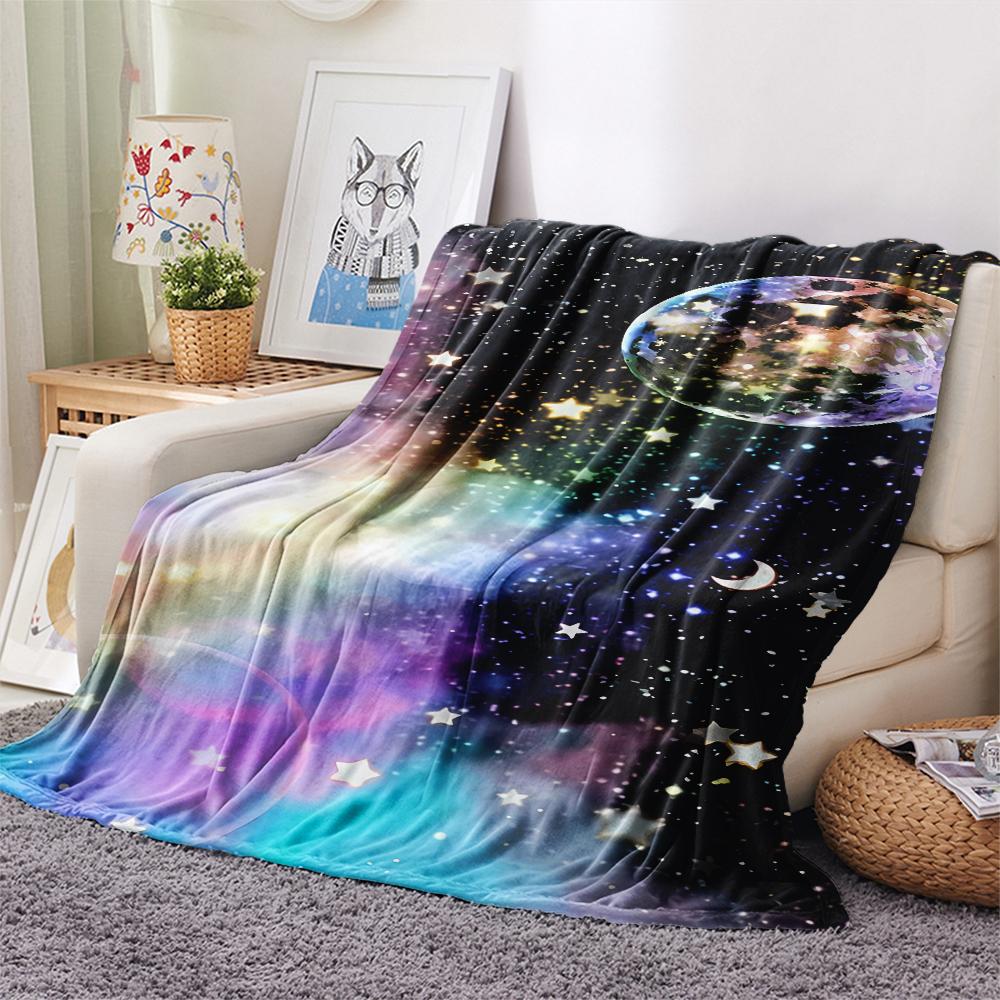 1Pc Galaxy Moon Print Flannel Blanket, High quality Comfortable for All Seasons, Home Decor, Warmth and Comfort, Perfect for Gifts