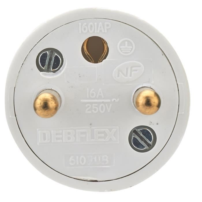 DEBFLEX Fiche mâle 2P+T 16 A sortie droite à coiffe blanc