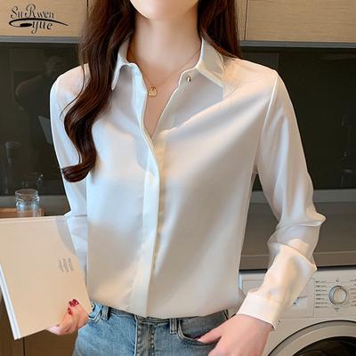 Herbst Langarm Seide Frauen Hemd Casual Büro Dame Tops Solide Elegante Blusen Drehen Unten Kragen Solide Bluse Frauen kleidung