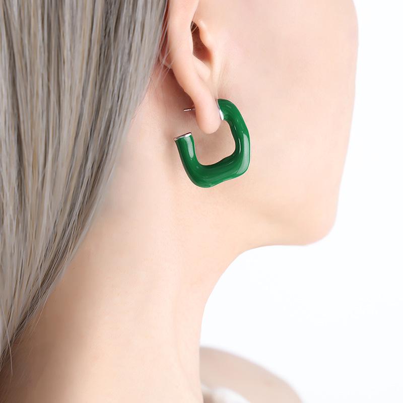 Retro Hong Kong Style Green Geometric C-shaped Earrings, 18K Gold-Tone Titanium Steel with Drip Oil Finish for Women