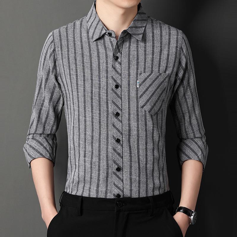 Long-sleeved Striped Spring and Autumn Shirt for Men Middle-aged Business Casual Real Pocket Cotton and Linen Dad Men's Shirt