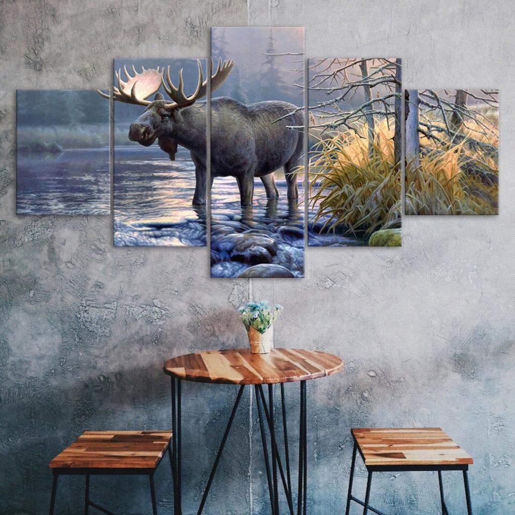 Big Moose Lake Forest 5 Piece Five Panel Wall Canvas Print Modern Art Poster Picture Home Decor Gift For Him For Her