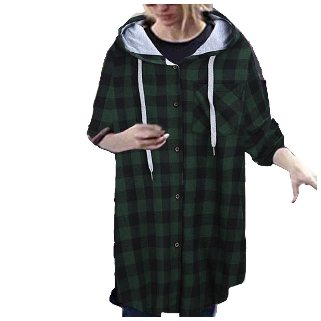 Women Fashion Casual Long Sleeve Plaid Hooded Cardigan Jacket Blouse Coat