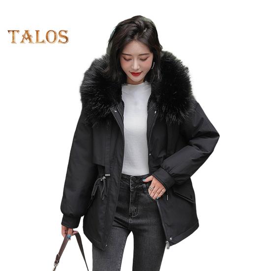 Women Padded Jacket Thickened Plush Lined Coat with Drawstring Waist Winter Warm Puffer Jacket with Faux Fur Hood for Work Streetwear