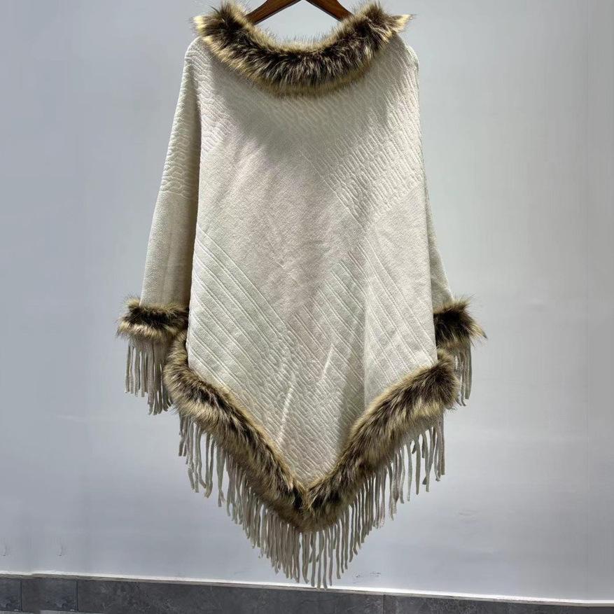 

Элегантное вязаное классическое кейп с кисточками и меховым воротником - женское с застежкой спереди, новое теплое модное шаль для свадебной вечеринки и вечернего платья на осень и зиму бежевый