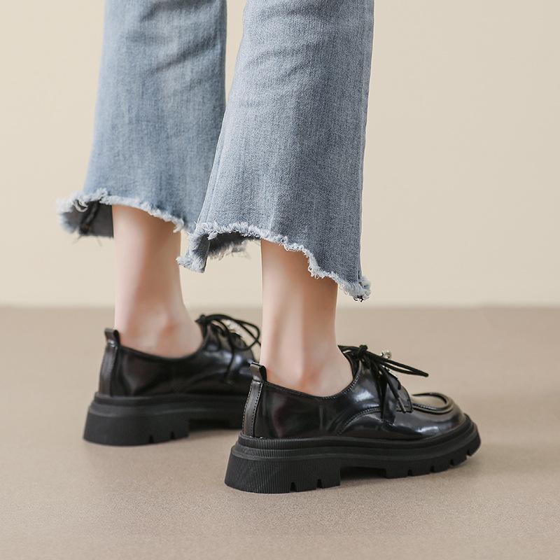 thick-soled women's spring and autumn lace-up retro small leather shoes thick heel soft sole large size women's shoes