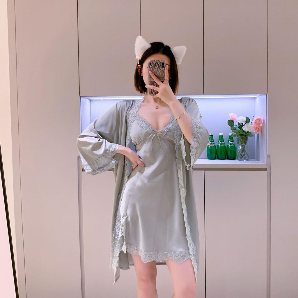 Long-sleeved Pajamas Women's Summer Ice Silk Thin Sleeping Dress Two-piece Set Spring and Autumn Sexy Pure Desire Wind Backless Loungewear