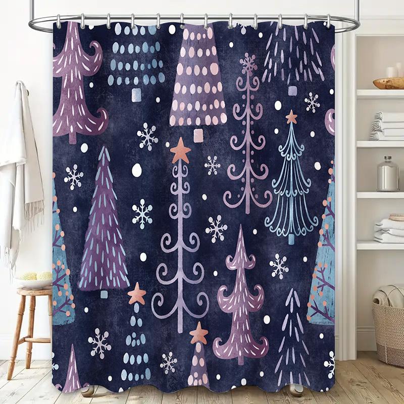 Christmas Tree Shower Curtain Festive Decor for Your Bathroom Dark Blue and Pink Printed Fabric Waterproof Bath Mat Cover Size 7