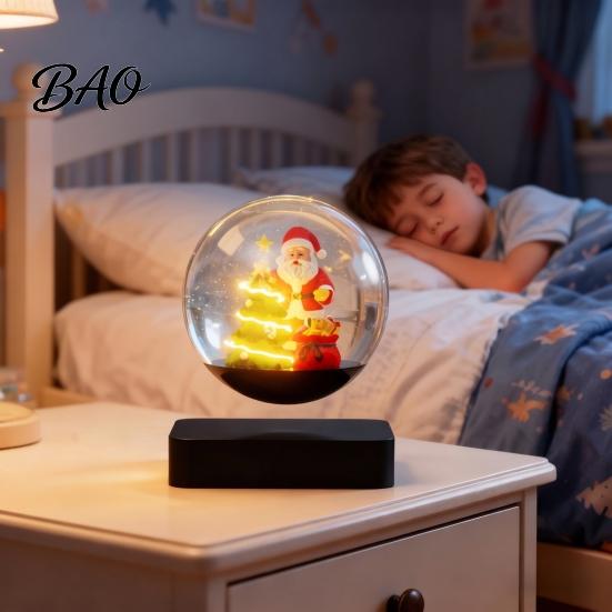 Magnetic Floating Christmas Sleigh Levitating Santa Claus Tree Ornament with LED Light, Lighted Rotating Creative Party Accessory Glass Ball