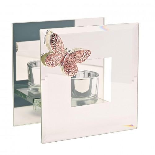Sophia Pink Butterfly Glass Single Tea Light Holder