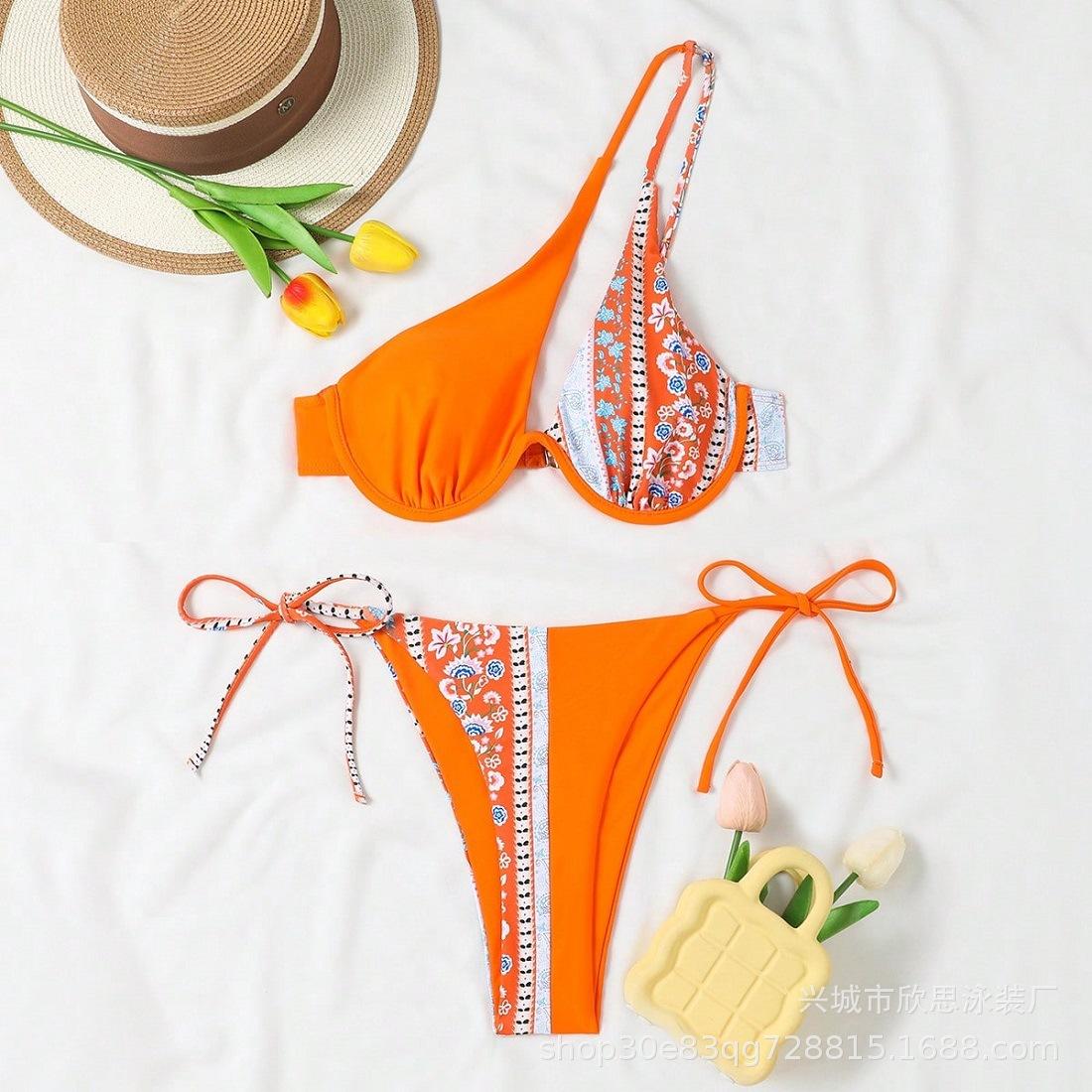 Women s print split swimsuit bikini European and American shoulder sexy bikini swimsuit S