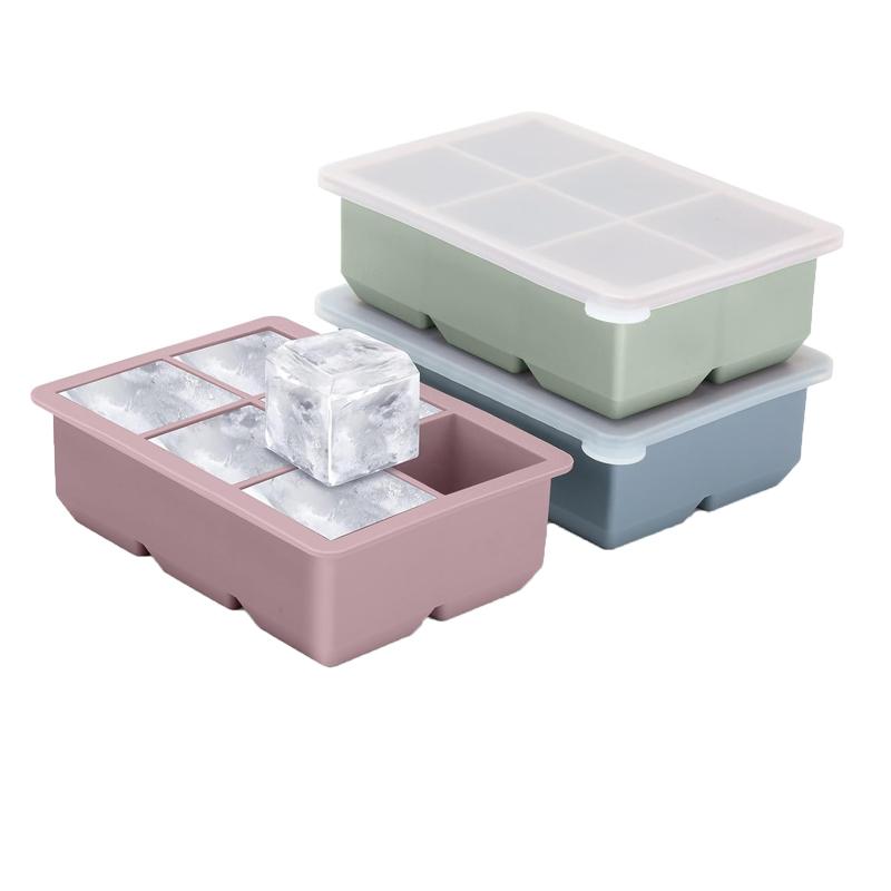 6 Cube Ice Tray Mold Giant Large Food Grade Silicone Mold with Lid Reusable Whiskey Cube Square Tray DIY Ice Maker Ice Tray