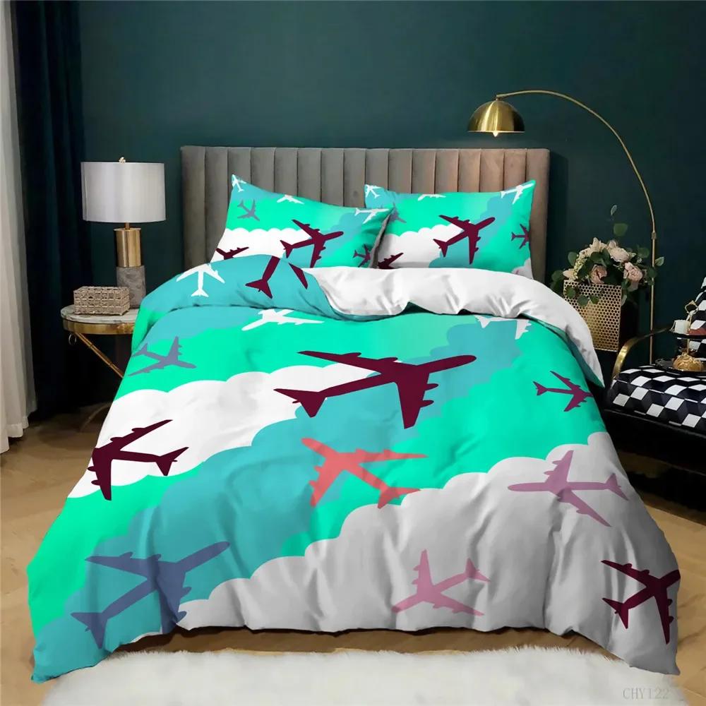 Print Blue White Airplane Warm Comforter Cover Set for Boy Men Ten Children Kids Microfiber Soft Duvet Cover Featuring Pilowcase Plane Bed Cover Set