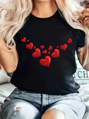 Womens Chic White with Red Heart Print Harajuku Short Sleeve Casual Womens Tshirt Clothing Street Tops Tees Aesthetic Clothes