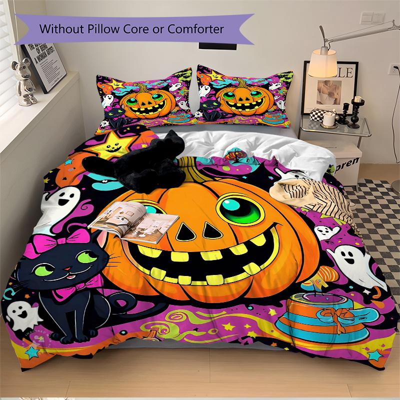 3pcs Happy Pumpkin Halloween Bedding Set - Includes 1 Quilt Cover and 2 Pillowcases, Comfortable Bedding with Stylish Design for Bedroom,N059