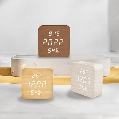 Small Voice Control Wooden Clocks for Desk Table Room Home Decor Digital Battery Powered Vintage White Wood LED Alarm Clock